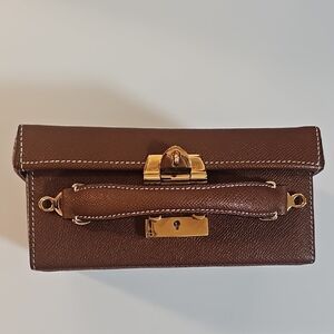 Mark Cross Brown Leather Wristlet Clutch with Gold Hardware